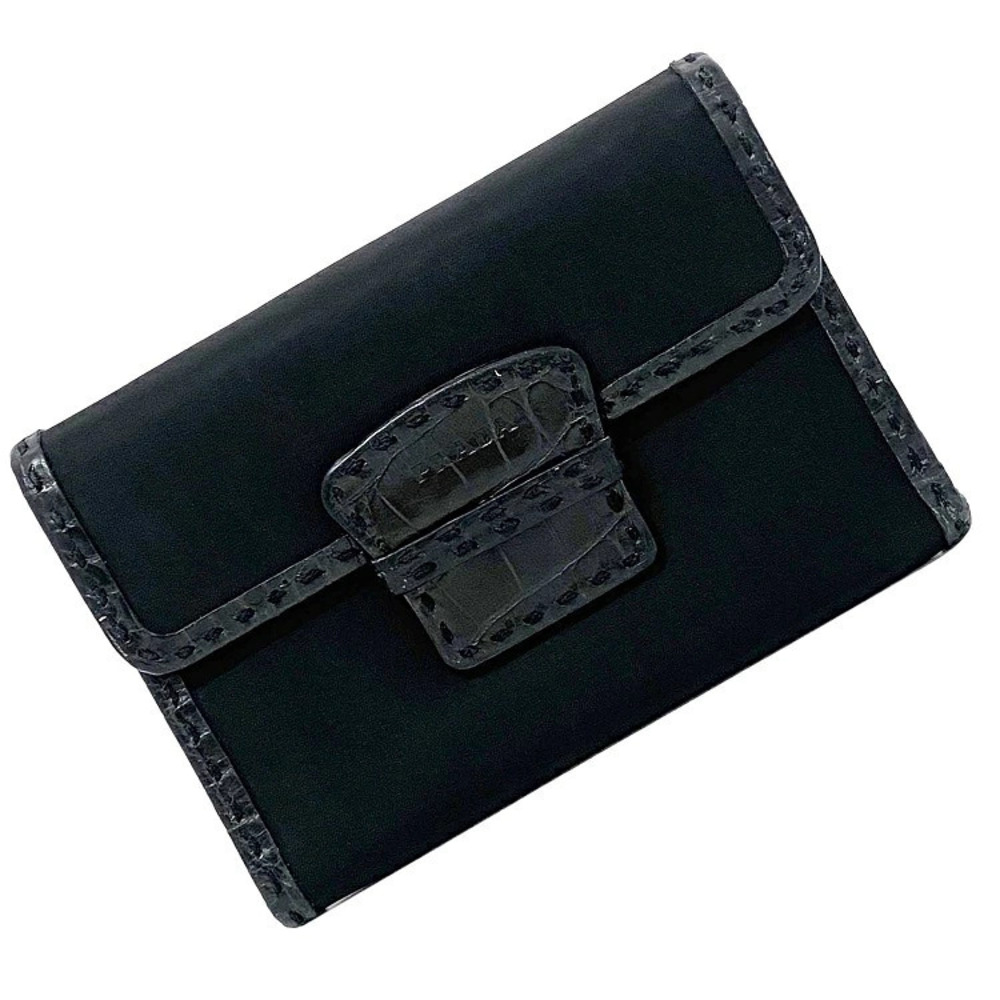 Prada Trifold Wallet Leather Crocodile Slim Snap Closure Folding Compact Black